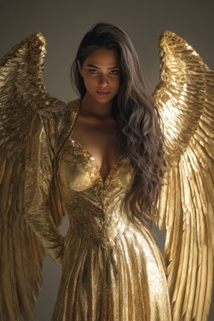 A woman with long brown hair stands with large, ornate golden wings. She wears a matching golden dress with intricate detailing. The studio lighting highlights the textures and form of the angel-like figure. Suitable for use in promotional material, this image suggests themes of beauty and fantasy.の素材