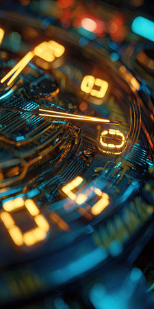 This image features a detailed close-up of a digital clock with illuminated digits. The scene showcases intricate circuit board patterns and glowing components, with a color palette of blues and oranges. This could be used for various projects related to technology, time, or modern design for both commercial and editorial applications.の素材