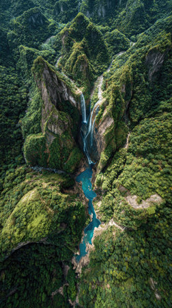 An overhead perspective reveals a pristine waterfall meandering through a vibrant, green valley. The image displays the contrast of the blue water against the green foliage. Ideal for illustrating environmental themes, promoting travel destinations, and general media use. The style shows a rich color palette and natural elements.の素材