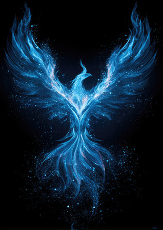 An ethereal illustration depicts a phoenix with expansive wings, rendered in shades of blue. The artwork features a dark backdrop, emphasizing the bright, radiant qualities of the central subject. This image may be appropriate for various design applications, from decorative purposes to visual elements for advertising.の素材