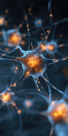 This image presents a close-up view of abstract neurons with an energetic, glowing core. The composition uses soft blue and orange hues, highlighting the intricate structure and connections. The rendering suggests a digital illustration suitable for scientific or educational materials, and potential commercial applications.の素材