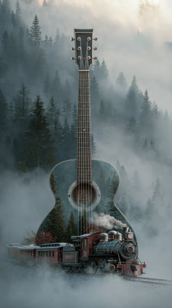 An acoustic guitar is the central element, with a forest and train scene superimposed within its shape. The image uses muted tones and soft lighting, creating a dreamy or surreal atmosphere. It suggests artistic expression and creative themes with possible applications for music-related content, art, or design projects.の素材