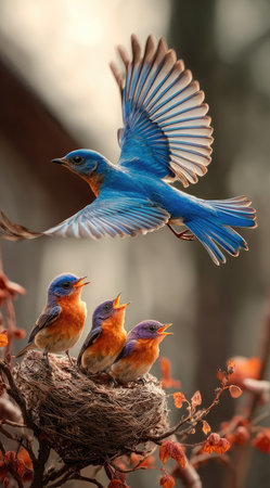 A bluebird takes flight above its nest, where three nestlings await. The image showcases the bird's bright blue plumage against a blurred background. The scene is composed with soft focus, highlighting the birds against the reddish brown tones of the nest and surrounding foliage. Suitable for nature articles or educational resources.の素材