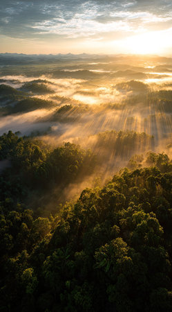 An aerial perspective showcases a lush forest blanketed in fog, illuminated by golden sunlight filtering through the canopy. The composition features a textured blend of green trees and mist, creating an ethereal atmosphere. This image is suitable for various commercial purposes, including use in environmental or landscape-themed projects.の素材