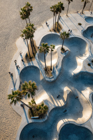 An overhead shot reveals a skatepark featuring curved concrete bowls and various levels. Scattered palm trees offer shade along the edges. The composition shows the contrast between the rough concrete and smooth curves. The image could be used for promoting outdoor recreation, travel destinations, or urban lifestyle content.の素材