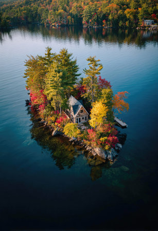 An aerial photograph showcases a small house nestled on a colorful island, embraced by calm water. The composition features rich autumn foliage in shades of red, yellow, and green. The natural lighting highlights the textures and details, suggesting a tranquil and remote setting suitable for various commercial uses.の素材