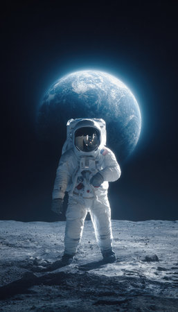 An astronaut in a white spacesuit stands on a lunar surface, illuminated by a distant planet. The composition features a full moon or planet in the background with soft lighting. The image evokes a sense of exploration and the vastness of space, suitable for various editorial and commercial applications.の素材