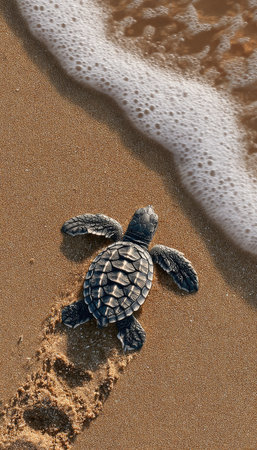 A small sea turtle crawls towards the foamy edge of the ocean on a sandy beach. The image displays the turtle from an overhead perspective, with detailed textures visible in its shell and flippers. Sunlight illuminates the scene, enhancing the natural tones, ideal for illustrating environmental themes or wildlife conservation.の素材