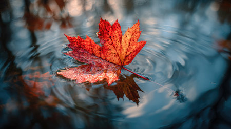 A close-up captures a maple leaf afloat on water, displaying shades of red, orange, and brown. Ripples spread across the water's surface, reflecting light. The image features a shallow depth of field, highlighting the leaf. Suitable for various editorial and commercial applications. The scene likely takes place outdoors.の素材