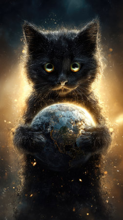 A fluffy black cat cradles a planet in this digital illustration. The artwork showcases detailed fur texture and luminous gold and brown hues against a darker backdrop. This image utilizes artistic lighting effects, suitable for fantasy-themed designs, promotional materials, or various creative projects.の素材