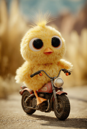 A fluffy yellow chick rides a motorcycle on a textured road. The character has large eyes, suggesting a friendly demeanor. The composition features a shallow depth of field, with a blurred natural background. The image could be suitable for illustrations, advertising, or children's content.の素材