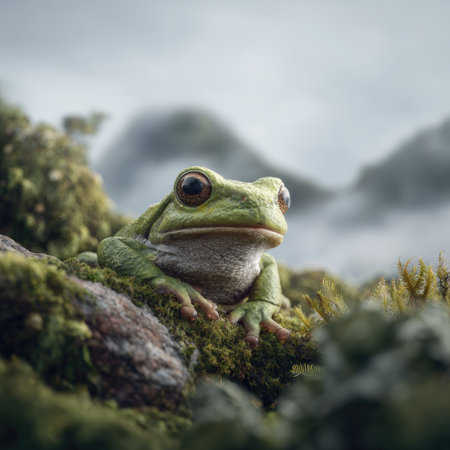 A close-up captures a frog perched on moss-covered rocks, with a blurred mountain range in the background. The image showcases natural green and brown tones, possibly lit by soft, diffused daylight. This serene composition may be suitable for nature publications, educational materials, or environmental campaigns.の素材