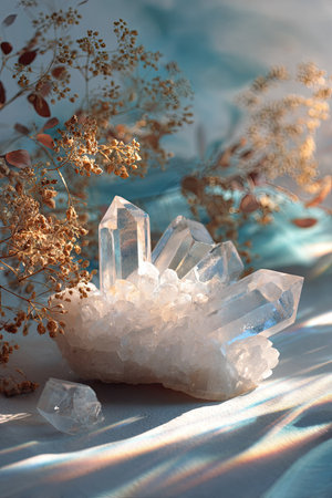 A close-up photograph showcases a quartz crystal cluster resting on a textured surface. The image features a blend of clear, translucent, and white tones, with soft blue and gold accents. Delicate dried flowers enhance the composition. The lighting suggests a natural setting, suitable for various editorial and design projects.の素材