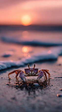 A close-up shot captures a crab on a beach with gentle waves. The composition is lit by warm, golden light from the setting sun, creating soft shadows. The image showcases textures, from the wet sand to the crab's shell. It can be used for various projects, including editorial features and stock photography.の素材