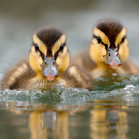 Two young ducklings are captured up close, partially submerged in water. Their feathers showcase patterns of brown and yellow. The composition employs a shallow depth of field, emphasizing the subjects. Soft lighting and reflections enhance the aquatic environment. Suitable for various editorial and commercial applications.の素材