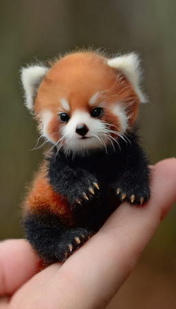 A small red panda cub is perched on a human hand, showcasing its vibrant orange, black, and white fur. The image uses soft focus, with the cub in sharp focus against a blurred green background. This composition is well-suited for wildlife presentations, educational materials, and various commercial projects.の素材