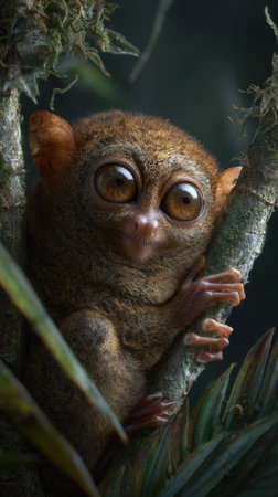 A nocturnal primate with large eyes and a small body is perched on a branch surrounded by green leaves. The composition is a medium shot with a blurred background suggesting a natural outdoor setting. The image displays a soft texture and natural lighting. Suitable for use in a variety of commercial and editorial contexts.の素材