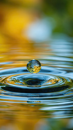 A single water droplet impacts the surface, generating concentric ripples. The image highlights a transparent droplet with a detailed reflection. The color palette includes vibrant yellows, blues, and greens, suggesting natural light and possibly an outdoor setting. Suitable for illustrating various concepts and uses.の素材