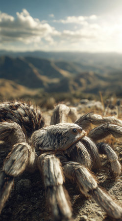 A detailed image presents a large tarantula, featuring brown and beige textures, positioned on a rough, earthy surface. The background showcases a blurred mountain landscape under a bright, partly cloudy sky. This composition and lighting are suitable for illustrating natural habitats or educational materials, or for use in digital projects.の素材