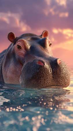 A close-up view presents a hippopotamus partially submerged in water, illuminated by a vibrant sunset. The image displays a cool blue water surface reflecting the sky's warm hues, with the animal's textured skin contrasting the smooth water. This imagery is suitable for various commercial or editorial applications.の素材