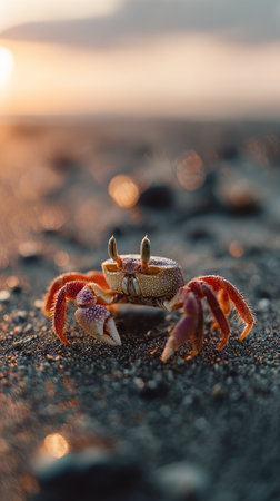 A crab stands on a textured sandy surface, its orange and purple body lit by the warm glow of the setting sun. The composition features a shallow depth of field, emphasizing the subject against a blurred background. This image is suitable for various commercial uses, including stock photography and educational materials.の素材