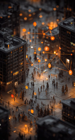 An aerial perspective showcases a bustling cityscape at night. Buildings are illuminated with warm lights, contrasting against the darker surroundings. Numerous people are present, possibly walking or gathered. The composition features a sense of depth and a high-angle view, suitable for various editorial and commercial applications.の素材