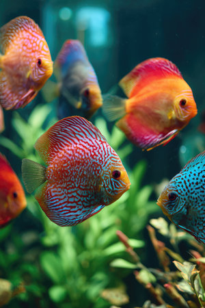 Several vibrant discus fish of various colors are showcased in a close-up aquatic scene. Their bodies display intricate patterns and hues, illuminated by soft lighting. The composition includes lush green aquatic plants, suggesting a thriving underwater environment. Suitable for editorial and commercial applications related to nature and marine life.の素材