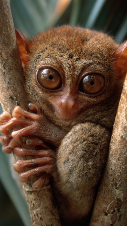 A close-up image showcases a tarsier clinging to a branch, its large eyes prominent. The primate's fur is a mix of browns and tans, with a textured appearance. The composition emphasizes the animal's features against the blurred background. This photograph could be utilized for nature-related publications and educational resources.の素材
