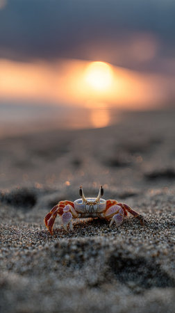 A crab rests on sandy ground, with soft sunlight in the background. The scene showcases warm colors with shades of orange and yellow in the sky. It features shallow depth of field, emphasizing the foreground subject. This image could be suitable for nature publications, environmental campaigns, or commercial uses related to the coast.の素材