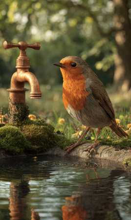 A robin bird stands near a vintage water tap in a garden. The image displays natural lighting and a shallow depth of field, with soft greens and browns dominating the scene. The bird's orange breast and grey feathers contrast the background. Suitable for nature and wildlife-related commercial purposes.の素材