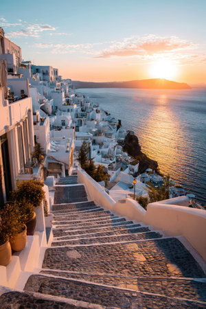 An idyllic coastal village scene depicts white buildings cascading down a hillside towards a calm ocean. Warm sunlight bathes the structures and water during sunset. The composition includes architectural elements and offers a sense of tranquility, suitable for various commercial or editorial applications.の素材