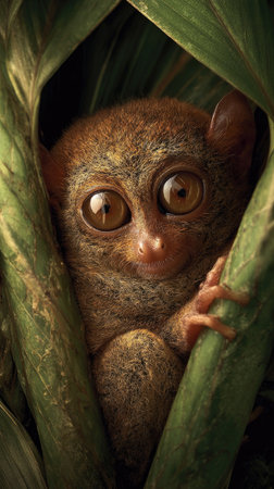 A small primate with distinctive large eyes is nestled among verdant foliage. The image showcases warm brown and green hues, creating a soft focus and natural lighting effect. This detailed composition may be suitable for editorial features, educational materials, or nature-related advertising.の素材