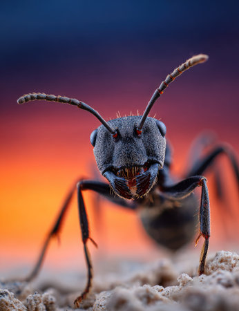 A close-up image showcases an ant with intricate details. The insect displays a dark coloration, set against a blurred background with warm hues. The composition uses selective focus. This image could be suitable for scientific publications or educational materials, or could serve commercial design projects.の素材