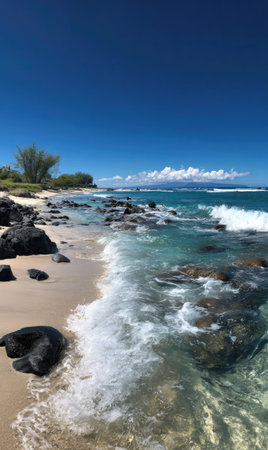 The image displays a picturesque coastal scene featuring a sandy beach with dark rocks and clear water. The water transitions from turquoise to white as waves break. A bright blue sky dominates the upper portion. It could be used for travel, nature, or environmental related projects.の素材