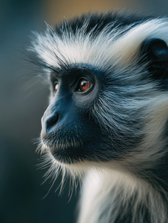 This image showcases a detailed view of a Colobus monkey, emphasizing its facial features. The composition utilizes a shallow depth of field, highlighting the fur texture, color contrasts, and expressive eyes. Suitable for nature documentaries or editorial content, this image can be used in various commercial applications.の素材