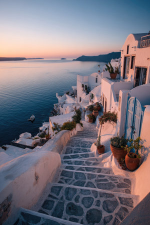 An image showcases coastal architecture with white buildings and a stone staircase. The scene is bathed in the warm hues of sunset, with the ocean in the background. The composition features visual textures and a dynamic perspective, suitable for travel, tourism, and lifestyle content.の素材