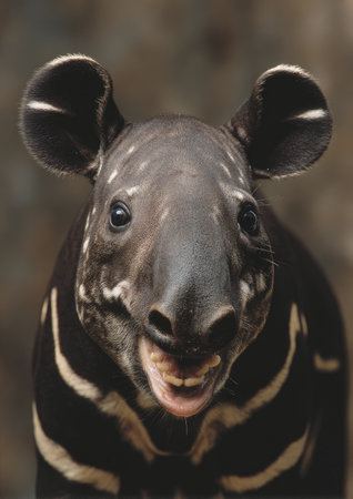 This close-up image showcases a tapir, a large mammal with distinctive markings and a long snout. The animal's dark fur contrasts with its striped pattern. The composition is a frontal shot, with the tapir's face dominating the frame, offering potential for commercial and educational applications.の素材