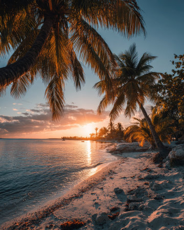 This photograph depicts a tranquil coastal scene at sunset. Palm trees frame the view, their silhouettes contrasting against a sky of warm hues. The ocean water reflects the light, creating a serene ambiance on the sandy beach. Suitable for various editorial and commercial applications, the image evokes a sense of peace.の素材