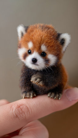 A baby red panda is perched on a human finger in this captivating close-up. Its reddish-brown and dark fur contrasts against a neutral background. The soft lighting highlights the cub's features. This image could be suitable for various editorial and commercial applications.の素材