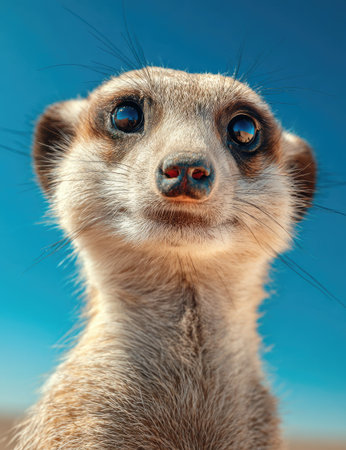 This image showcases a detailed close-up of a meerkat with large, expressive eyes and soft fur. The meerkat's alert posture contrasts against a bright, clear blue background. The lighting highlights the texture of the animal's coat. This image is suitable for educational resources, wildlife publications, or general commercial use.の素材