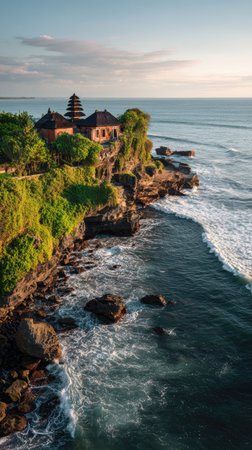 An aerial view presents a temple structure atop a verdant cliff, overlooking the ocean at sunrise. The scene captures the play of natural light, showcasing shades of blue and green. The image could be suitable for travel publications, websites, or various commercial projects seeking a tranquil aesthetic.の素材