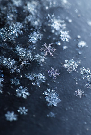 This image presents numerous snowflakes, each with unique crystalline structures, resting upon a dark, textured surface. The composition uses a shallow depth of field, with soft focus enhancing the intricate details of the frozen water crystals. The color palette primarily features cool blues and whites. This scene could be suitable for various editorial and commercial projects.の素材