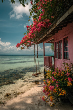 A charming pink cottage with vibrant bougainvillea blossoms overlooks a tranquil beach. The composition showcases the building's architecture and the natural elements. The scene is bathed in bright sunlight, creating a warm, inviting atmosphere. This image is suitable for various commercial uses, including travel and lifestyle content.の素材