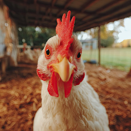 A detailed close-up shows a white chicken with a prominent red comb and wattles. The bird is positioned centrally, with a blurred background suggesting an outdoor setting. The lighting appears natural, highlighting the texture of the feathers. This image could be used for various commercial and editorial purposes.の素材