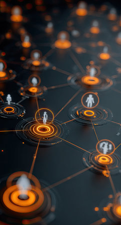 An image showcases a network of interconnected nodes, each glowing with an orange light. Miniature human figures are central to each node. The composition features a shallow depth of field, with a focus on technology. It could be useful for illustrating concepts related to data, connections, and communication.の素材