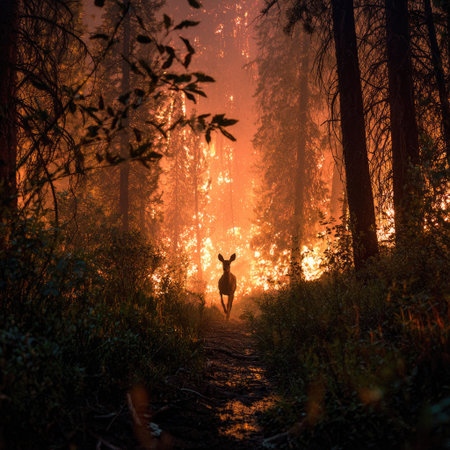 A deer silhouette stands in a forest path, the image dominated by the warm glow of light in the background. The trees create a vertical composition, while the path leads toward the light. The scene's fiery oranges and dark greens suggest an outdoor setting. Suitable for various editorial and commercial applications.の素材