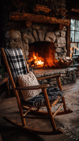 A wooden rocking chair is positioned before a stone fireplace with a glowing fire. A plaid blanket and pillow add a touch of comfort. The scene evokes warmth with its soft lighting and rustic texture. Suitable for diverse applications, including home decor or lifestyle themes.の素材