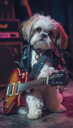 A small dog, dressed in a black leather jacket, holds a guitar. The image features a shallow depth of field, with the dog as the primary focus. Warm lighting and dark tones create a dramatic effect. Suitable for commercial projects or editorial use related to music, pets, or entertainment.の素材