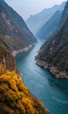 This scenic image showcases a vast river winding through imposing mountain formations. The composition highlights the natural curves and textures of the land. Dominant colors include shades of green, blue, and brown, with sunlight subtly illuminating the scene. This picture could be used for various editorial and commercial purposes.の素材
