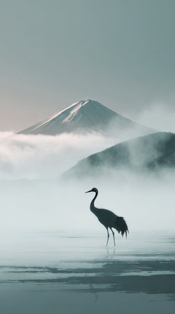 A crane stands gracefully in silhouette against a backdrop of a misty mountain range. The scene features cool tones, with the mountains partially obscured by fog. The composition employs a natural aesthetic, ideal for editorial or commercial applications, conveying a sense of serenity and vastness. The landscape is lit by diffused lighting.の素材